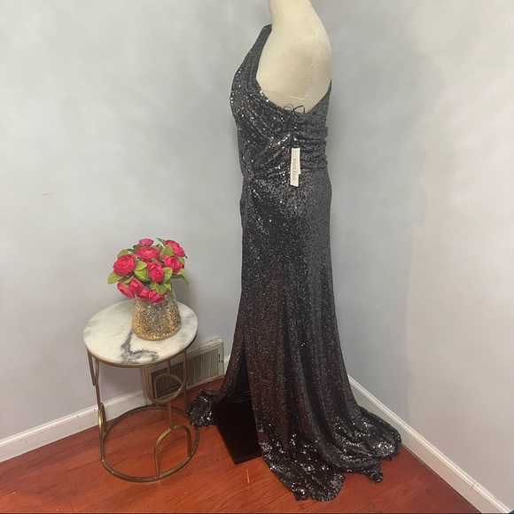 # Rene Ruiz Collection Gunmetal Color One Shoulder Sequined Gown With High Slit - Picture 8 of 16